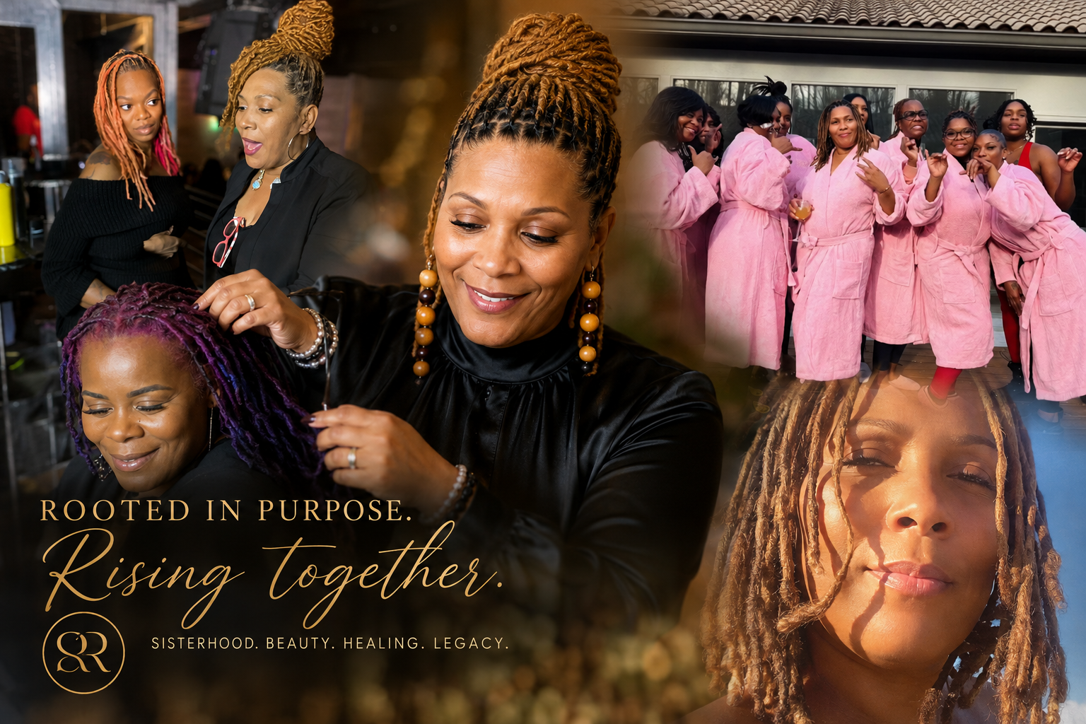 Kimberly Tate surrounded by images reflecting hair artistry, sisterhood, beauty, healing and legacy