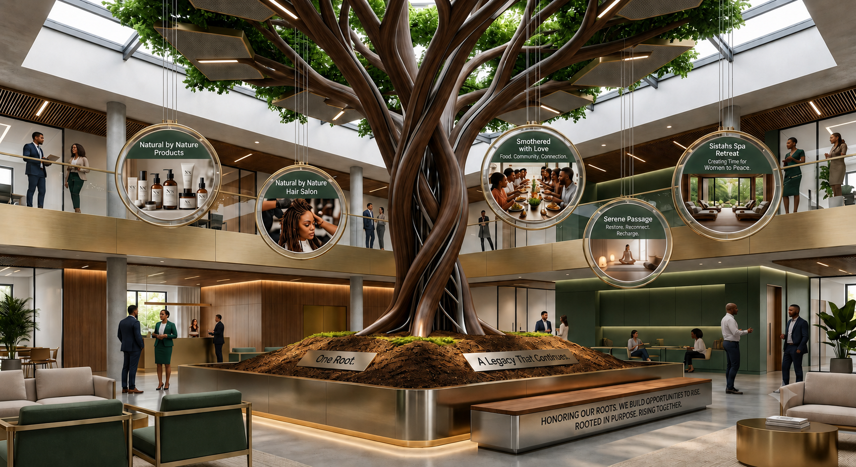 Roots & Rise Enterprise atrium with a central tree representing one root, many branches, and the family of businesses
